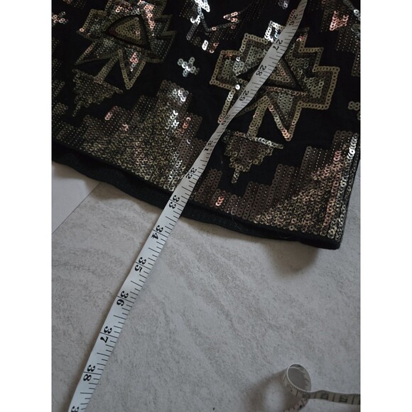 Express Mini Dress Woman's M Black Sequin Aztec Long Sleeve Formal Date Night - Picture 9 of 10